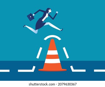 Business Person Jump Pass Traffic Pylon Roadblock. Overcome Business Obstacle