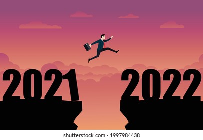 A business person jumping to the new year 2022. Businessman jump over cliff gap, overcome the difficulty. Business concept. Leadership, Goal, Achievement, success. Silhouette vector illustration flat