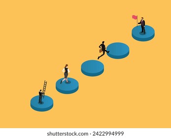 Business person jumps above career ladder graph. Success growth 3d isometric vector illustration