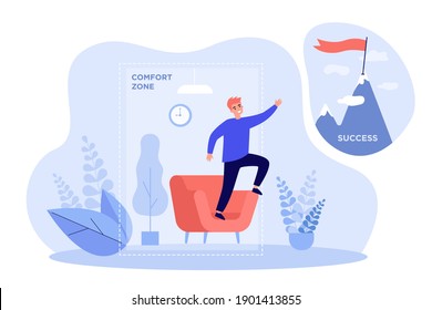 Business person leaving comfort zone. Millennial man working on change, finding ways to top and success. Vector illustration development, motivation self improvement concept