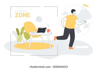 Business person leaving comfort zone. Businessman walking to exit outside, office employee on way to success, change in career and work flat vector illustration. Development, motivation concept