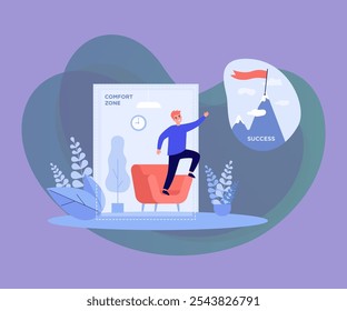 Business person leaving comfort zone. Millennial man working on change, finding ways to top and success. Vector illustration development, motivation self improvement concept