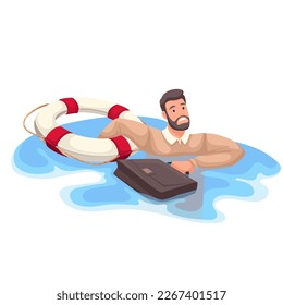 Business person with lifebuoy drowning in water vector illustration. Cartoon unhappy businessman holding lifeline and briefcase to survive, business failure and corporate debt, financial crisis of man