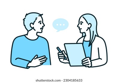 A business person listening to a counselor. Illustration material of a man who receives counseling.