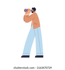 Business person looking for opportunities, exploring new prospects. Future and strategy concept. Man with binoculars seeking for ideas. Flat graphic vector illustration isolated on white background