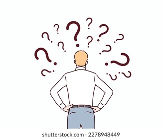 business person looking at the question marks. Hand drawn style vector design illustrations.