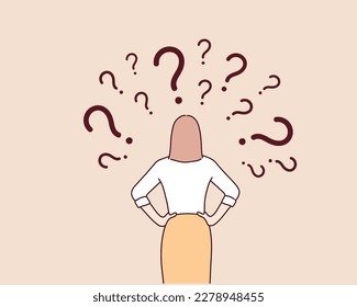 business person looking at the question marks. Hand drawn style vector design illustrations.