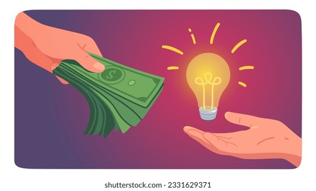 Business person making money investment in idea. Businessman hand paying cash for innovation light bulb. Deal success, exchange, finance payment, buying creativity concept flat vector illustration