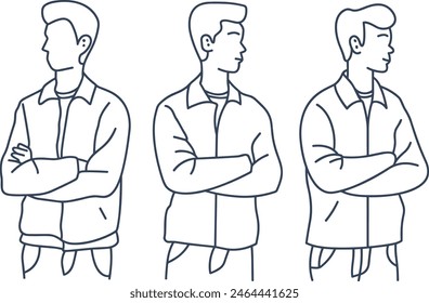 Business person male set with arms crossed, businessman, professional, confidence, leadership, success, confident, line art vector illustration, modern line art