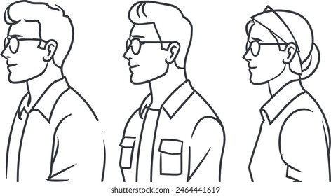 Business person male set wearing glasses, entrepreneur, professional, businessman, corporate executive, leader, line art vector