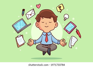 Business person meditating. Office yoga, meditate, chill, relax after work stress. Human mental health. Sitting zen, lotus position pose. Сoncentration practice, effective control exercise. Vector.