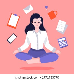Business person meditating. Office yoga, meditate, chill, relax after work stress. Human mental health. Sitting zen, lotus position pose. Сoncentration practice, effective control exercise. Vector.
