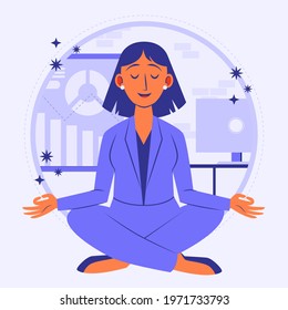 Business person meditating. Office yoga, meditate, chill, relax after work stress. Human mental health. Sitting zen, lotus position pose. Сoncentration practice, effective control exercise. Vector.