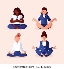 Business person meditating. Office yoga, meditate, chill, relax after work stress. Human mental health. Sitting zen, lotus position pose. Сoncentration practice, effective control exercise. Vector.