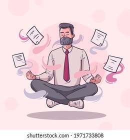 Business Person Meditating. Office Yoga, Meditate, Chill, Relax After Work Stress. Human Mental Health. Sitting Zen, Lotus Position Pose. Сoncentration Practice, Effective Control Exercise. Vector.