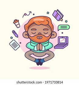 Business person meditating. Office yoga, meditate, chill, relax after work stress. Human mental health. Sitting zen, lotus position pose. Сoncentration practice, effective control exercise. Vector.
