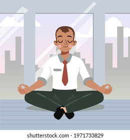 Business person meditating. Office yoga, meditate, chill, relax after work stress. Human mental health. Sitting zen, lotus position pose. Сoncentration practice, effective control exercise. Vector.