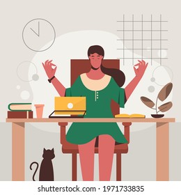 Business person meditating. Office yoga, meditate, chill, relax after work stress. Human mental health. Sitting zen, lotus position pose. Сoncentration practice, effective control exercise. Vector.