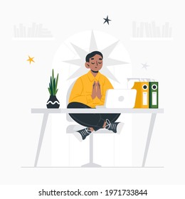 Business person meditating. Office yoga, meditate, chill, relax after work stress. Human mental health. Sitting zen, lotus position pose. Сoncentration practice, effective control exercise. Vector.