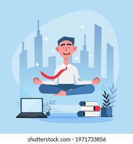 Business person meditating. Office yoga, meditate, chill, relax after work stress. Human mental health. Sitting zen, lotus position pose. Сoncentration practice, effective control exercise. Vector.