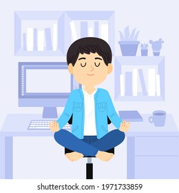 Business person meditating. Office yoga, meditate, chill, relax after work stress. Human mental health. Sitting zen, lotus position pose. Сoncentration practice, effective control exercise. Vector.