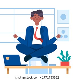 Business person meditating. Office yoga, meditate, chill, relax after work stress. Human mental health. Sitting zen, lotus position pose. Сoncentration practice, effective control exercise. Vector.