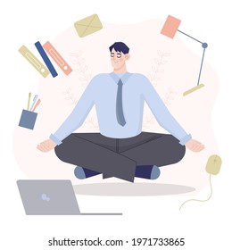 Business person meditating. Office yoga, meditate, chill, relax after work stress. Human mental health. Sitting zen, lotus position pose. Сoncentration practice, effective control exercise. Vector.