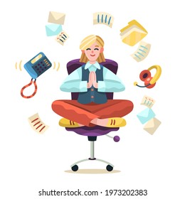 Business person meditating. Office yoga, meditate, chill, relax after work stress. Human mental health. Sitting zen, lotus position pose. Сoncentration practice, effective control exercise. Vector.