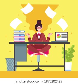 Business person meditating. Office yoga, meditate, chill, relax after work stress. Human mental health. Sitting zen, lotus position pose. Сoncentration practice, effective control exercise. Vector.