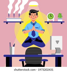 Business person meditating. Office yoga, meditate, chill, relax after work stress. Human mental health. Sitting zen, lotus position pose. Сoncentration practice, effective control exercise. Vector.