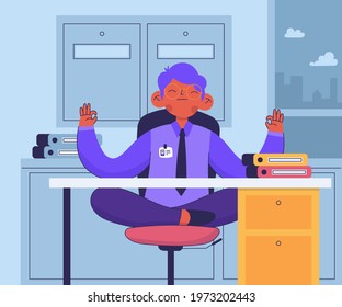 Business person meditating. Office yoga, meditate, chill, relax after work stress. Human mental health. Sitting zen, lotus position pose. Сoncentration practice, effective control exercise. Vector.