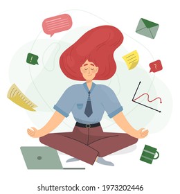 Business person meditating. Office yoga, meditate, chill, relax after work stress. Human mental health. Sitting zen, lotus position pose. Сoncentration practice, effective control exercise. Vector.