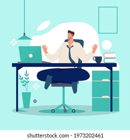 Business Person Meditating. Office Yoga, Meditate, Chill, Relax After Work Stress. Human Mental Health. Sitting Zen, Lotus Position Pose. Сoncentration Practice, Effective Control Exercise. Vector.