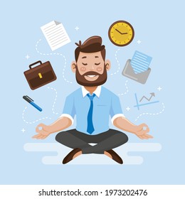 Business person meditating. Office yoga, meditate, chill, relax after work stress. Human mental health. Sitting zen, lotus position pose. Сoncentration practice, effective control exercise. Vector.