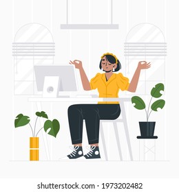 Business person meditating. Office yoga, meditate, chill, relax after work stress. Human mental health. Sitting zen, lotus position pose. Сoncentration practice, effective control exercise. Vector.