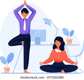 Business Person Meditating. Office Yoga, Meditate, Chill, Relax After Work Stress. Human Mental Health. Sitting Zen, Lotus Position Pose. Сoncentration Practice, Effective Control Exercise. Vector.