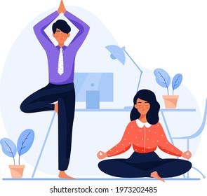 Business person meditating. Office yoga, meditate, chill, relax after work stress. Human mental health. Sitting zen, lotus position pose. Сoncentration practice, effective control exercise. Vector.