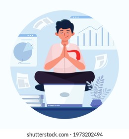 Business person meditating. Office yoga, meditate, chill, relax after work stress. Human mental health. Sitting zen, lotus position pose. Сoncentration practice, effective control exercise. Vector.