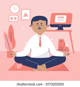 Business person meditating. Office yoga, meditate, chill, relax after work stress. Human mental health. Sitting zen, lotus position pose. Сoncentration practice, effective control exercise. Vector.