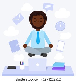 Business person meditating. Office yoga, meditate, chill, relax after work stress. Human mental health. Sitting zen, lotus position pose. Сoncentration practice, effective control exercise. Vector.