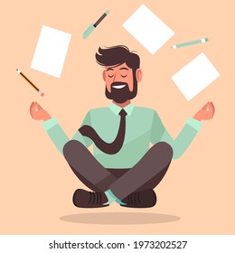 Business person meditating. Office yoga, meditate, chill, relax after work stress. Human mental health. Sitting zen, lotus position pose. Сoncentration practice, effective control exercise. Vector.