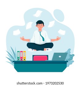 Business person meditating. Office yoga, meditate, chill, relax after work stress. Human mental health. Sitting zen, lotus position pose. Сoncentration practice, effective control exercise. Vector.