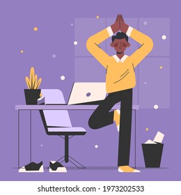 Business person meditating. Office yoga, meditate, chill, relax after work stress. Human mental health. Sitting zen, lotus position pose. Сoncentration practice, effective control exercise. Vector.