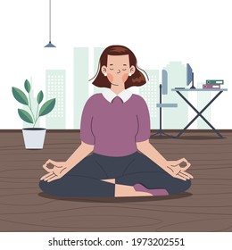 Business person meditating. Office yoga, meditate, chill, relax after work stress. Human mental health. Sitting zen, lotus position pose. Сoncentration practice, effective control exercise. Vector.
