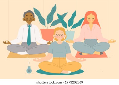 Business person meditating. Office yoga, meditate, chill, relax after work stress. Human mental health. Sitting zen, lotus position pose. Сoncentration practice, effective control exercise. Vector.