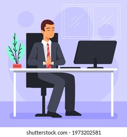 Business person meditating. Office yoga, meditate, chill, relax after work stress. Human mental health. Sitting zen, lotus position pose. Сoncentration practice, effective control exercise. Vector.