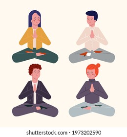 Business person meditating. Office yoga, meditate, chill, relax after work stress. Human mental health. Sitting zen, lotus position pose. Сoncentration practice, effective control exercise. Vector.