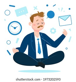 Business person meditating. Office yoga, meditate, chill, relax after work stress. Human mental health. Sitting zen, lotus position pose. Сoncentration practice, effective control exercise. Vector.