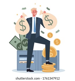 Business person with money. Happy successfull man with a bag of money, sitting or standing near by banknotes and coin. Financial well-being idea. Isolated vector illustration