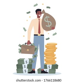 Business person with money. Happy successfull man with a bag of money, sitting or standing near by banknotes and coin. Financial well-being idea. Isolated vector illustration